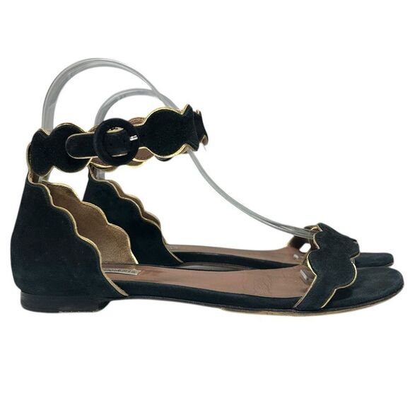 Tabitha Simmons Black Suede Scallop Strap Sandals Leather Gold Trim Size 36 - Picture 7 of 11